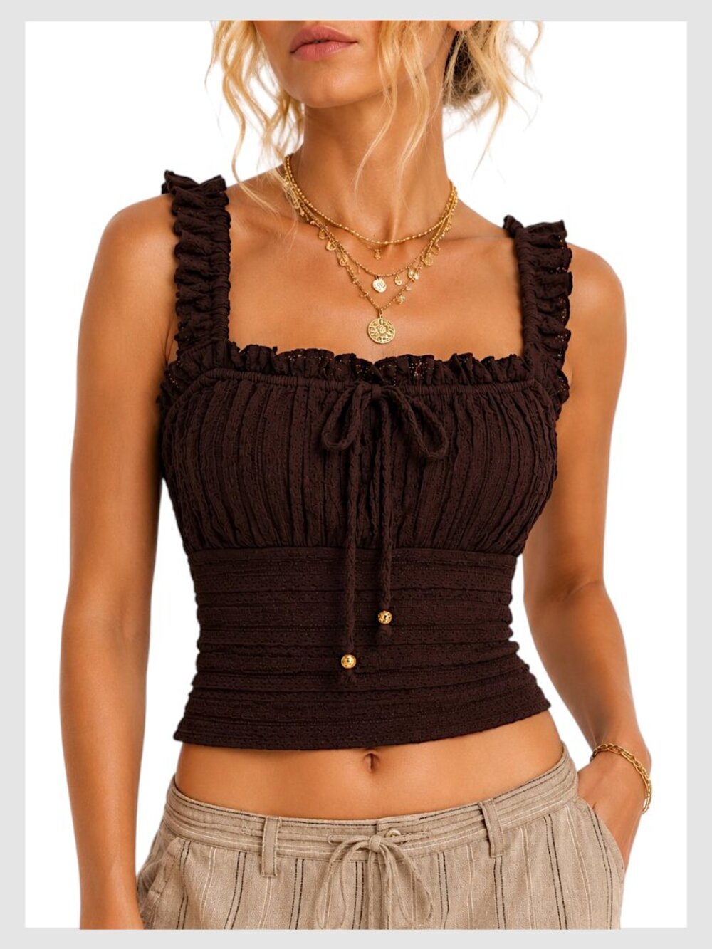 Good Luck Gem Chocolate Brown Textured Knit Crop Tank Ruffle Strap XS